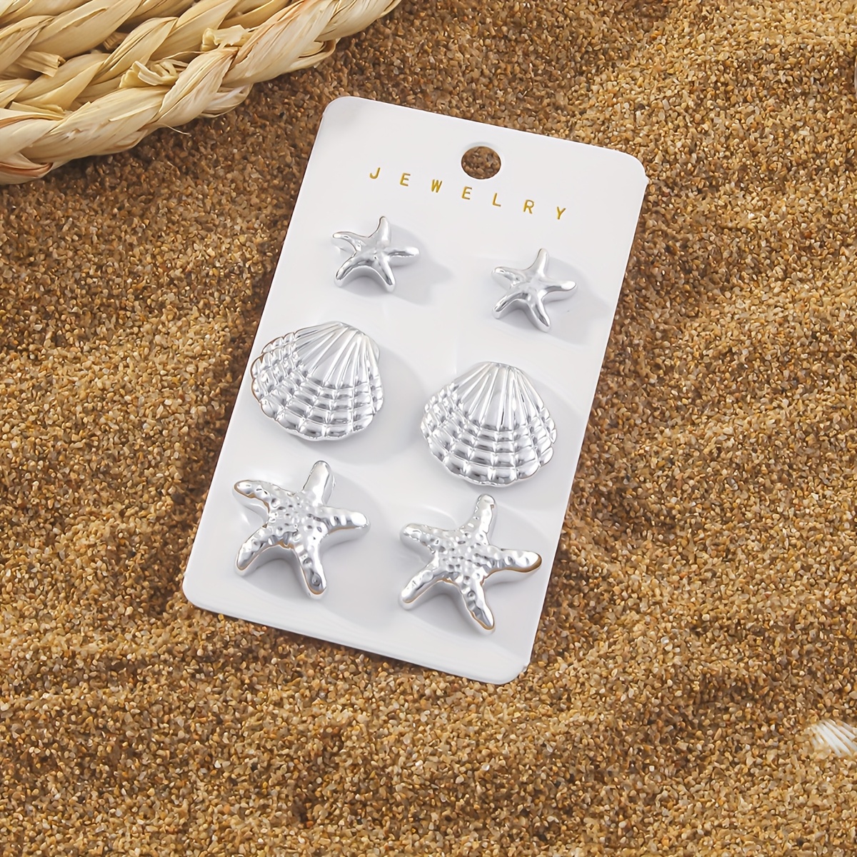 6pcs Starfish & Shell Stud Earrings Set Summer Vacation Style Beach Jewelry
